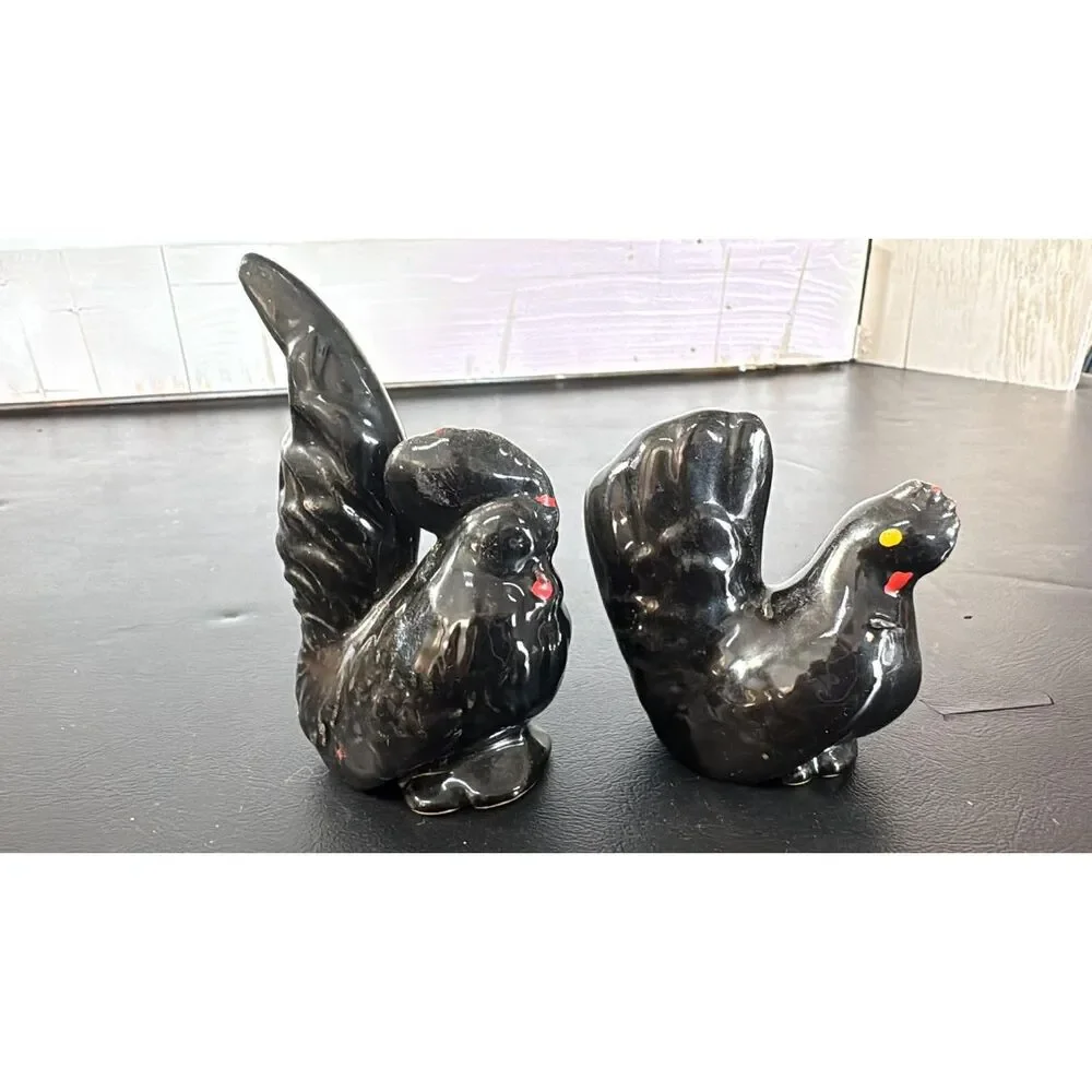 Vintage Matching Rooster & Hen Black Ceramic 1950's-1960's